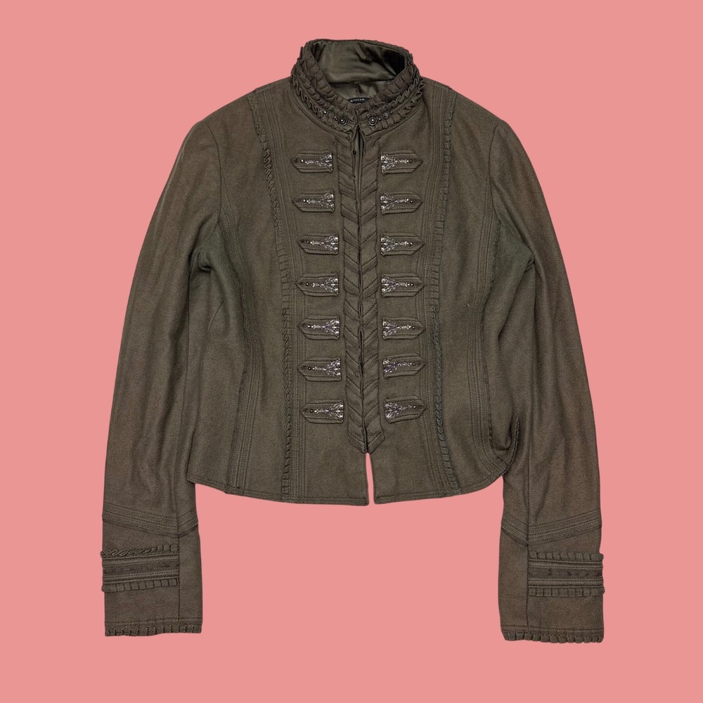 Elie Tahari Brown Military Jacket Soutache Beaded Frog Closure Cropped Blazer